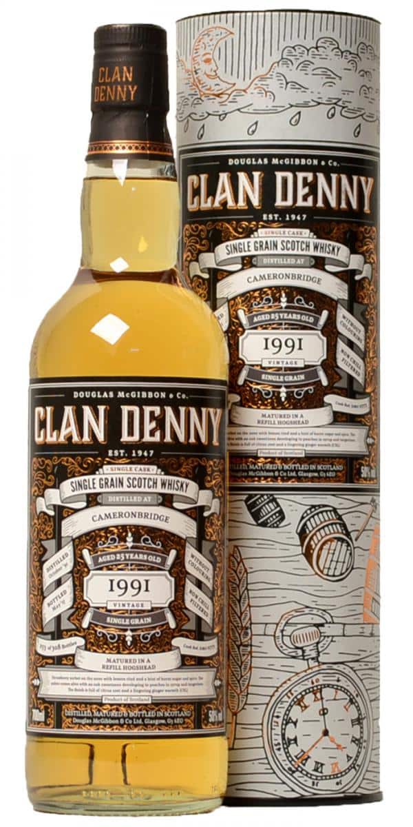 Clan Denny Cameronbridge 25 single grain Whisky - flaske og gaverør