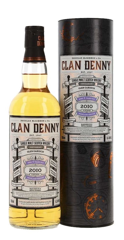 Clan Denny - Glen Garioch 8 y Single Malt Whisky, flaske og Gaverør